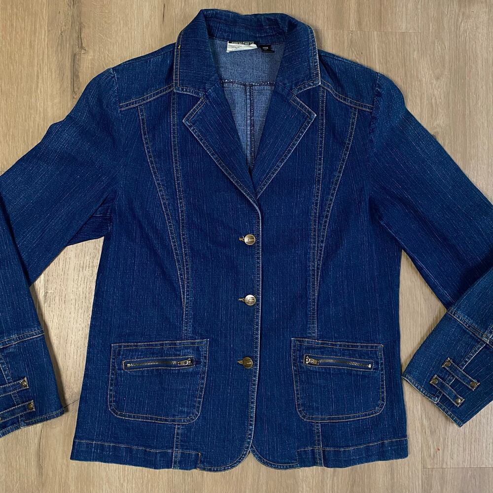 Vtg Denim Blazer Jacket Structured Contrast Stitch Sz Medium Preppy Classic Chic